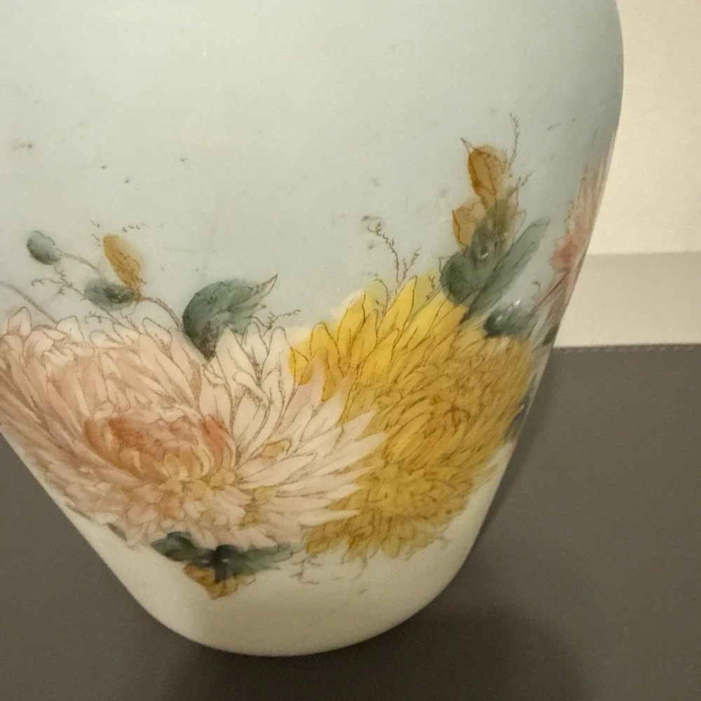 Vintage Satin Frosted Blue Glass Vase Hand Painted Floral Chrysanthemum 6.25